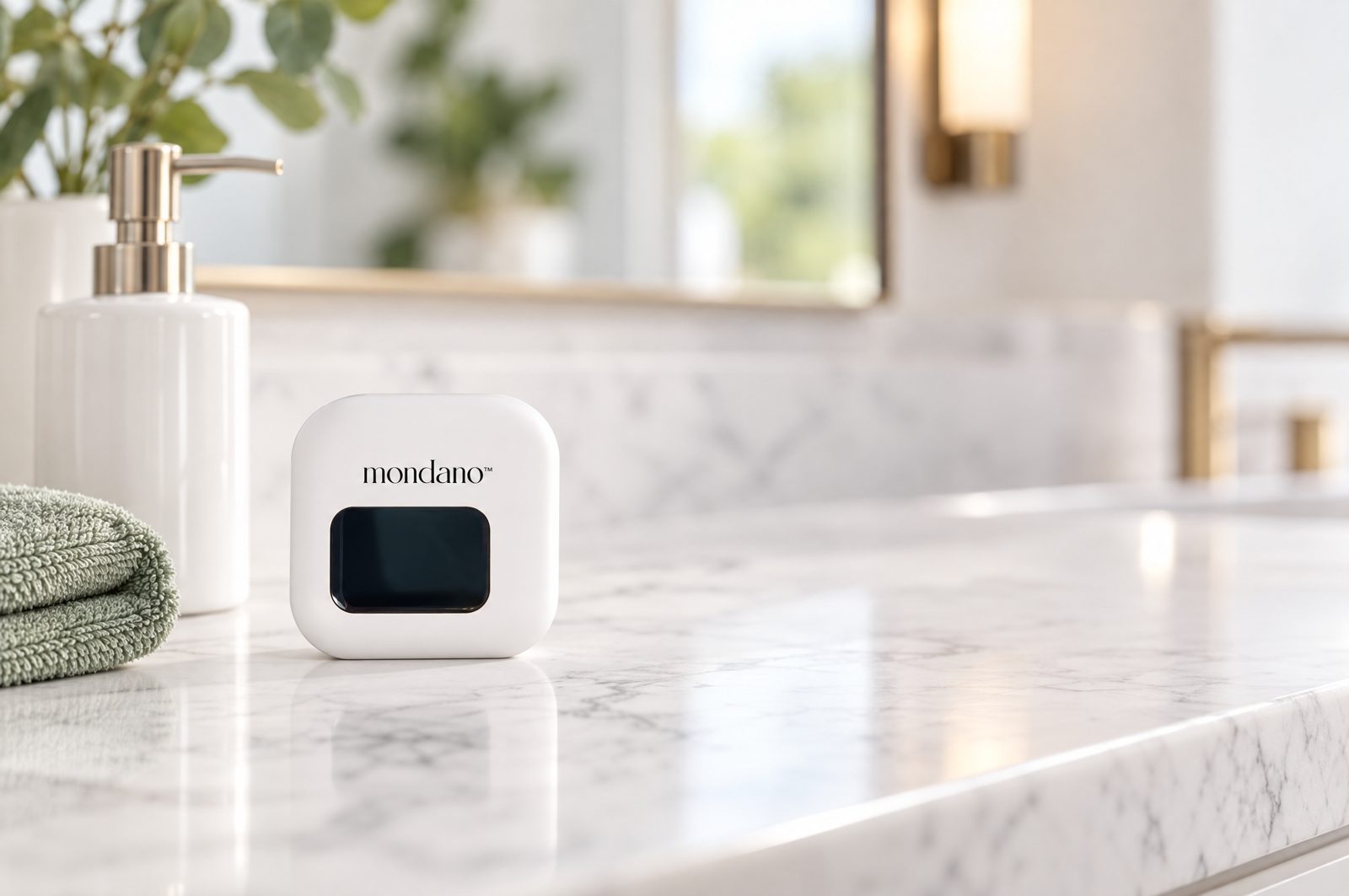 The sanitizer closed on a marble vanity
